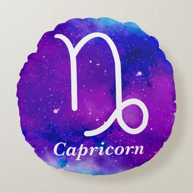 Cojín Redondo Símbolo de capricornio Púrpura espacio azul nebulo (Anverso)