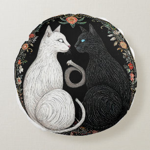 Cojín Redondo Símbolo de Yin Yang de gato blanco y negro