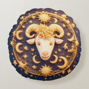 Cojín Redondo Símbolo dorado del zodiaco Aries