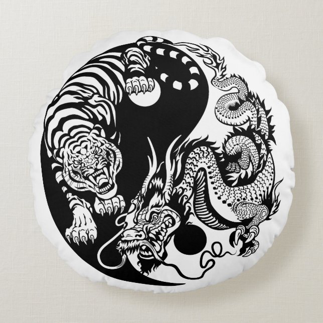 Cojín Redondo símbolo dragón y tigre yin yang (Anverso)