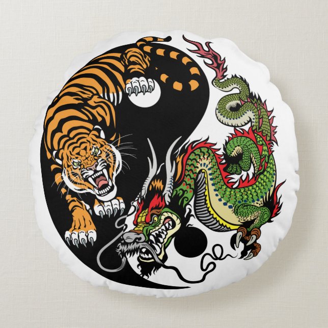 Cojín Redondo símbolo dragón y tigre yin yang (Anverso)