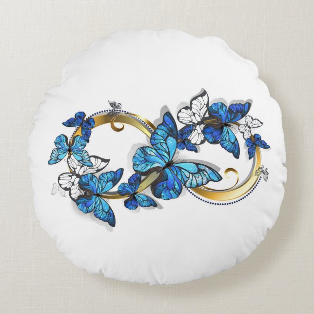 Cojín Redondo Símbolo infinito de mariposas Morpho azules (Anverso)