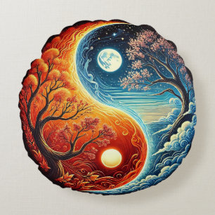 Cojín Redondo Símbolo Intrincado Yin-Yang que Muestra Fuego, Agu