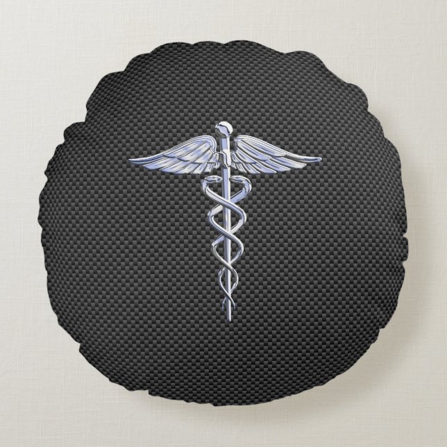 Cojín Redondo Símbolo médico cromado Caduceus Fibra de carbono n (Anverso)