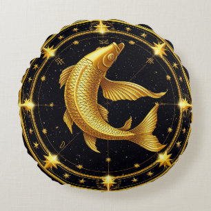 Cojín Redondo Símbolo zodiacal de Piscis dorado rodeado de estre