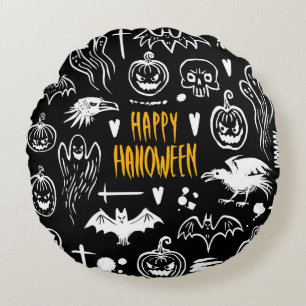 Cojín Redondo Símbolos de Halloween dibujados a mano, colección 