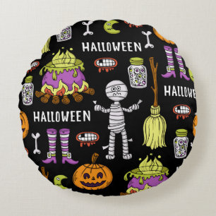 Cojín Redondo Símbolos de Halloween, tema vintage sin fisuras