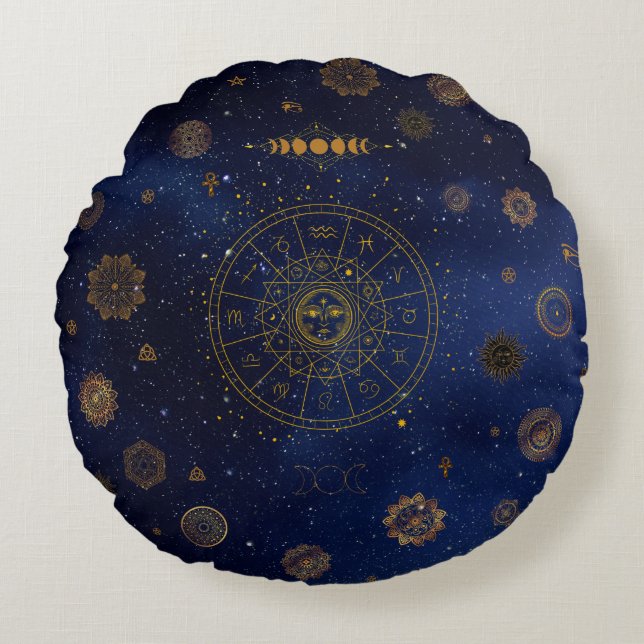 Cojín Redondo Símbolos mágicos de protección Mandala Pagan Bruja (Anverso)