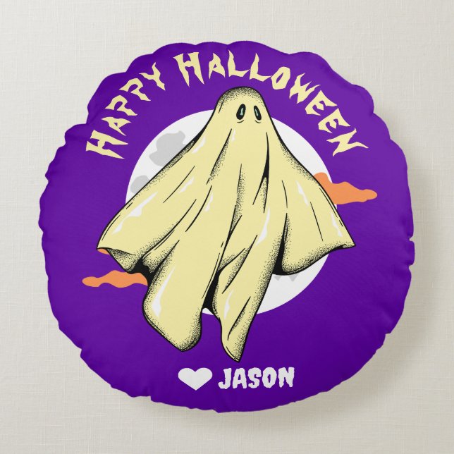 Cojín Redondo Simple Happy Halloween fantasma (Anverso)