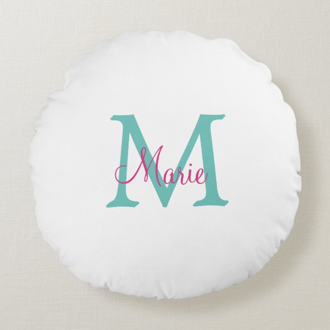 Cojín Redondo simple minimal add name monogram green pink blue t (Anverso)
