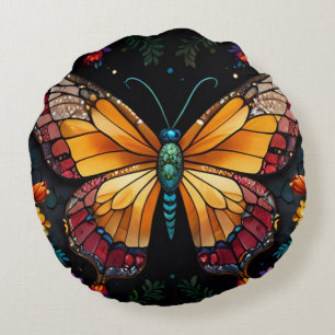 Cojín Redondo Sinfonía de Crepúsculos: mariposa en un jardín cós