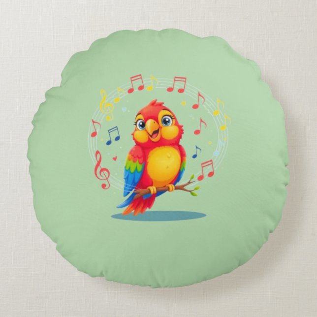 Cojín Redondo **Singing Parrot – Cute Parrot Singing Illustratio (Anverso)