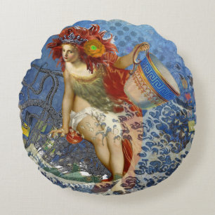 Cojín Redondo Sirena Acuario Arte Azul Gótico
