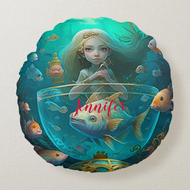 Cojín Redondo Sirena nadando con personalizado de pescado (Anverso)