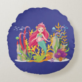 Cojín Redondo Sirena oceánica: El cabello largo y rojo