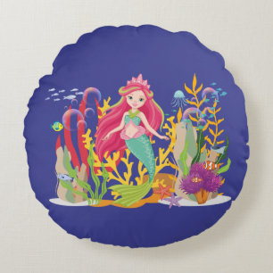Cojín Redondo Sirena oceánica: El cabello largo y rojo