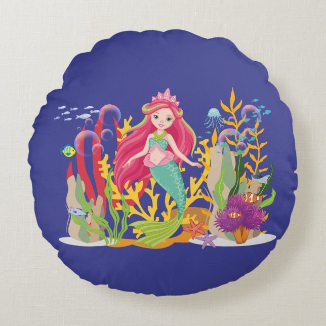 Cojín Redondo Sirena oceánica: El cabello largo y rojo (Anverso)
