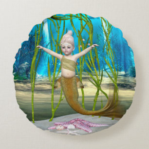 Cojín Redondo Sirena Pequeña Fantasía Niña, Océano Azul
