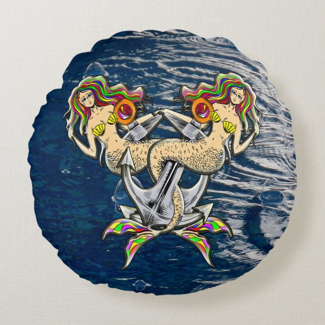 Cojín Redondo Sirenas aferradas - Diseño Náutico para los amante (Anverso)