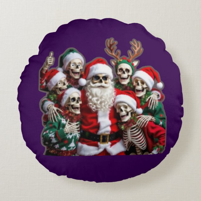 Cojín Redondo Skeleton Santa Christmas Group Photo – Festive 3D  (Anverso)