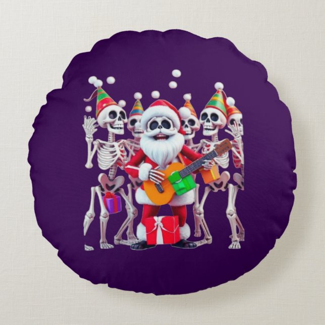 Cojín Redondo **Skeleton Santa Party – Funny 3D Christmas Skelet (Anverso)
