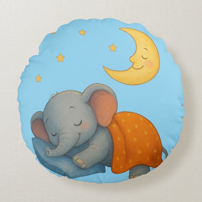 Cojín Redondo Sleeping Baby Elephant Under the Moon – Cute Dream (Anverso)