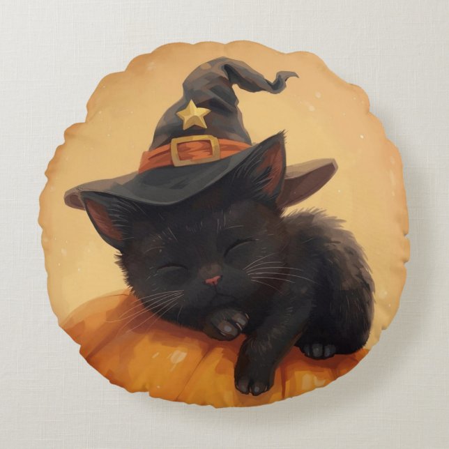 Cojín Redondo Sleeping Black Cat Halloween Round Pillow (Anverso)