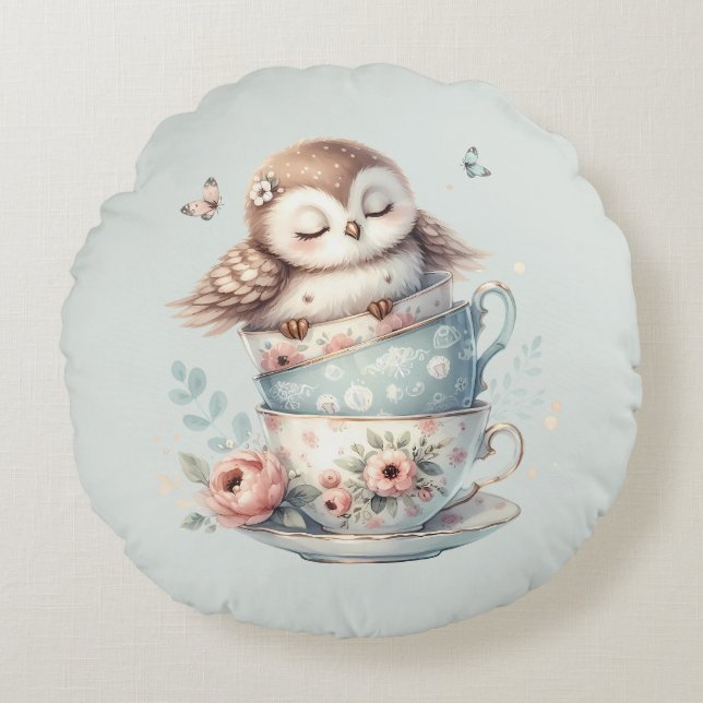 Cojín Redondo Sleeping Owl in Stacked Floral Teacups (Anverso)