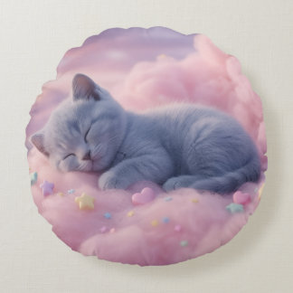 Cojín Redondo Sleeping Pastel Kitten on Fluffy Pink Clouds Art