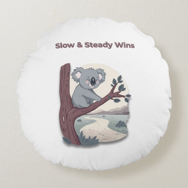 Cojín Redondo **"Slow & Steady Wins – Motivational Cute Koala "* (Anverso)