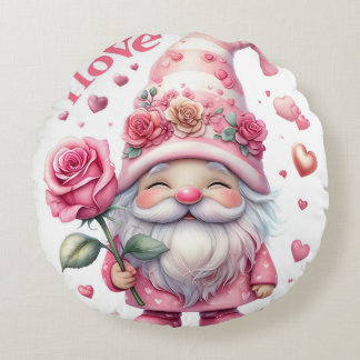 Cojín Redondo Smiling Gnome Holding a Pink Rose 