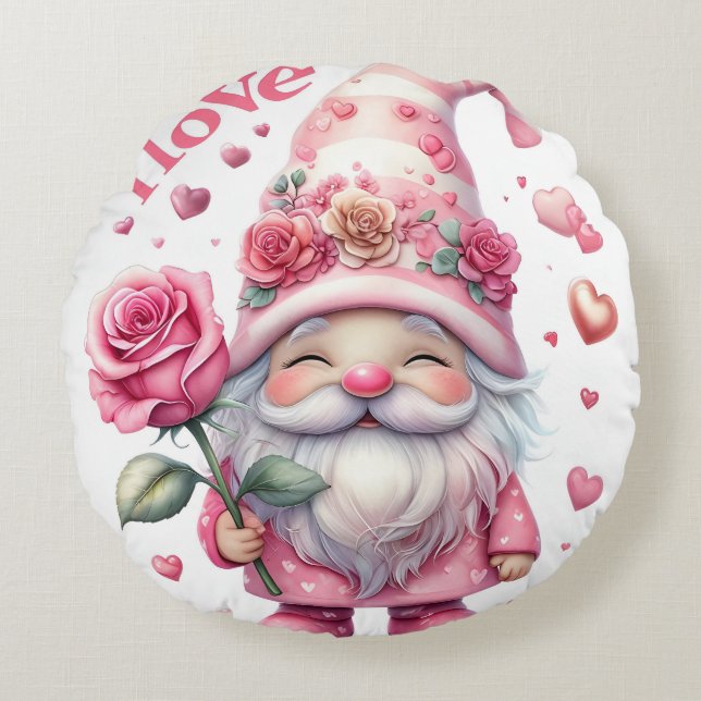 Cojín Redondo Smiling Gnome Holding a Pink Rose  (Anverso)