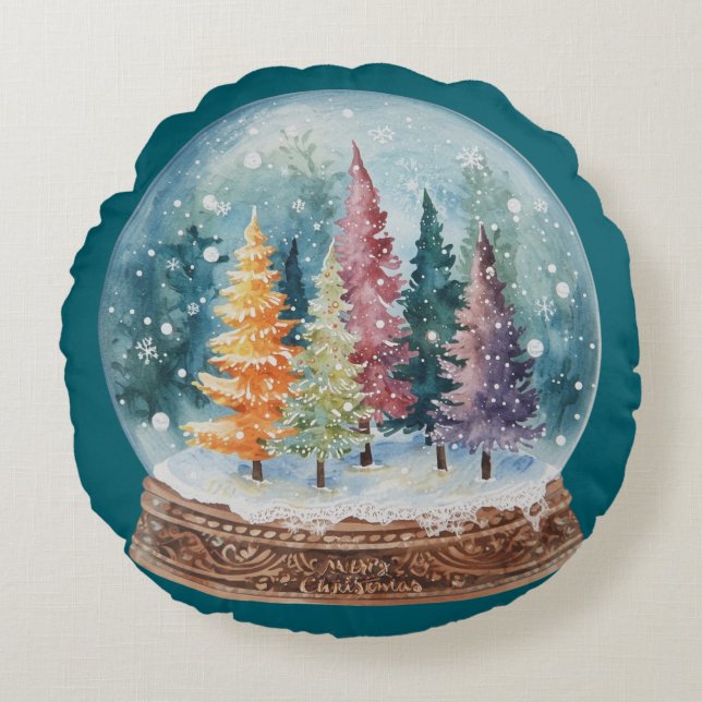Cojín Redondo Snow Globe Colorful Christmas Tree Forest (Anverso)