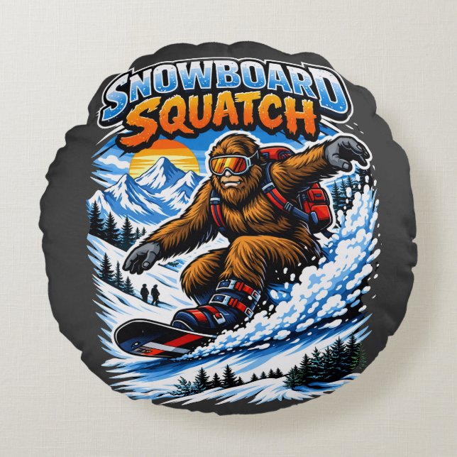 Cojín Redondo Snowboard Squatch – Funny Bigfoot Snowboarding  (Anverso)