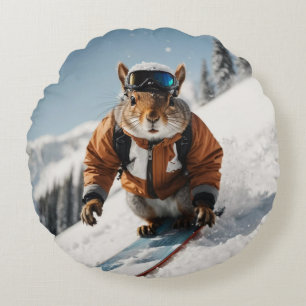 Cojín Redondo Snowboard Squirrel Wintertime Whimsical Animal