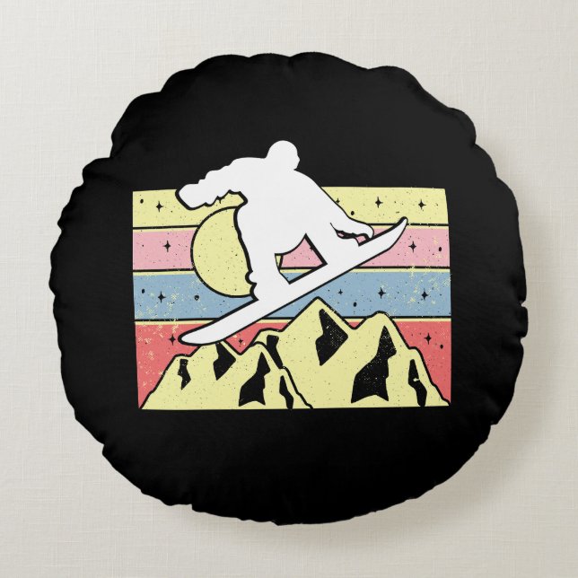 Cojín Redondo Snowboarder Snowboard Snowboard Retro (Anverso)
