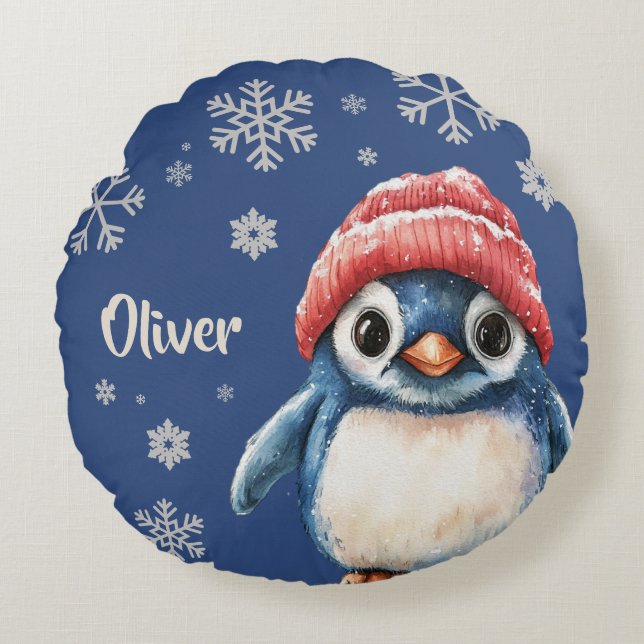 Cojín Redondo Snowflake: Navidades pingüinos personalizados (Anverso)