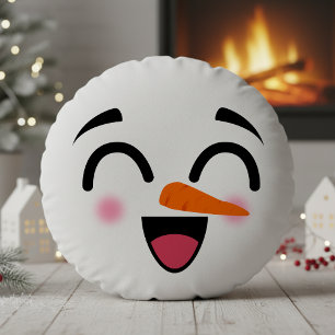 Cojín Redondo Snowman Feliz Navidad Cute Sonriente Cara Invierno