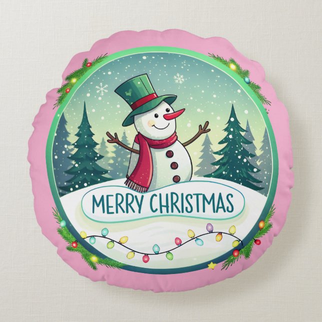 Cojín Redondo Snowman’s Joyful Christmas Welcome (Anverso)