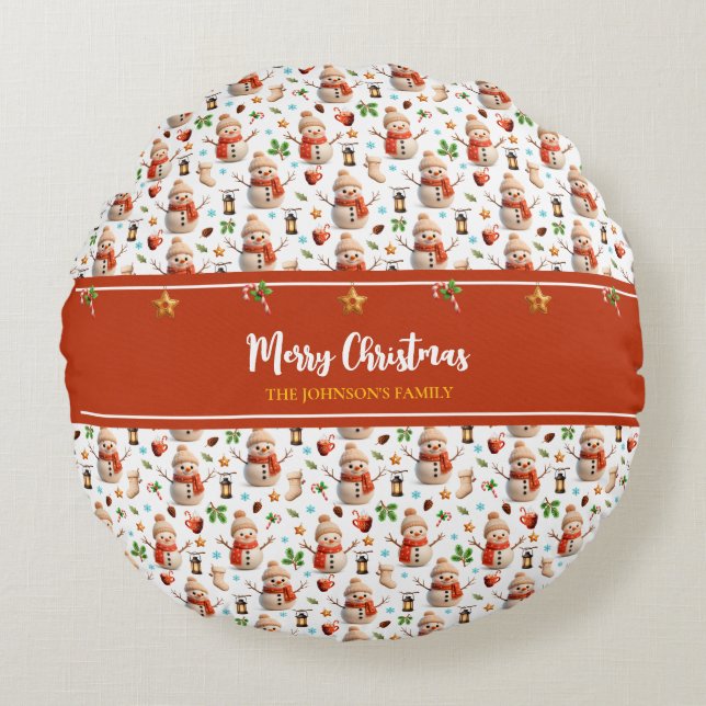 Cojín Redondo Snowman Winter Holidays - Merry Christmas (Anverso)