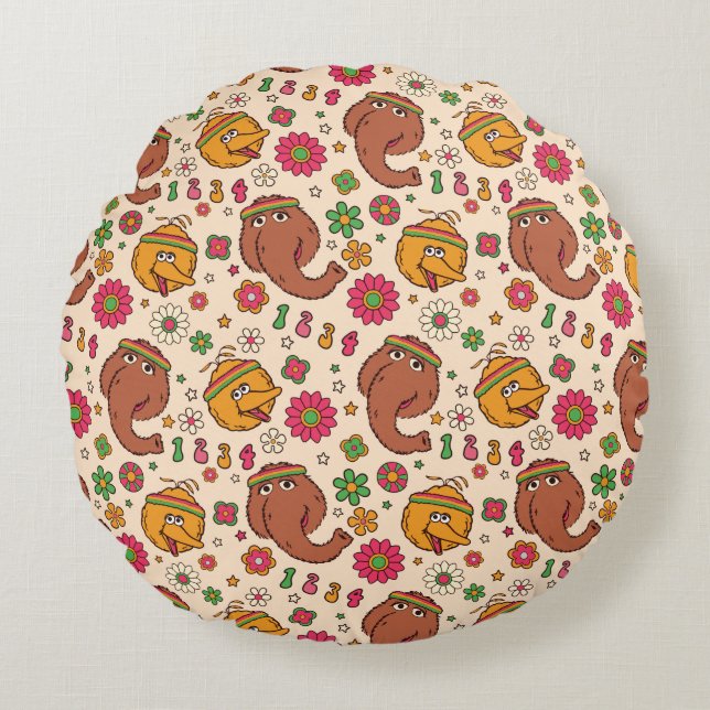 Cojín Redondo Snuffleupagus y Big Bird Groovy Flower Pattern (Anverso)