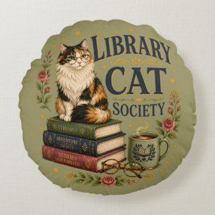 Cojín Redondo Sociedad de Gatos de Biblioteca Calico Erudito