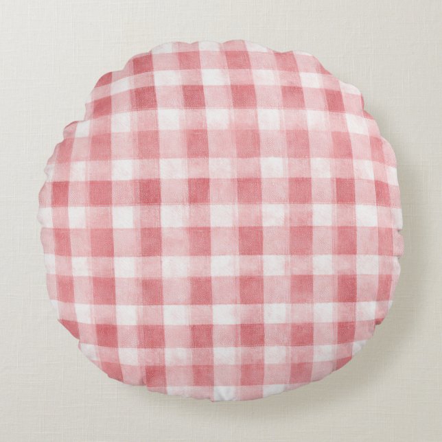 Cojín Redondo Soft Girly Pink White Plaid Stripes   (Anverso)