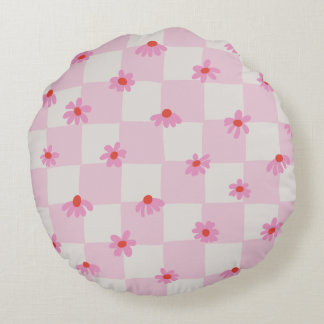 Cojín Redondo Soft Pink Daisy Checkerboard Floral Pattern
