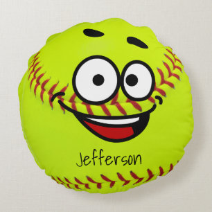 Cojín Redondo Softbol amarillo personalizado cara divertida
