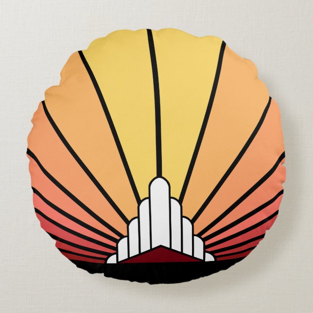 Cojín Redondo Sol Art Decó al amanecer (Anverso)