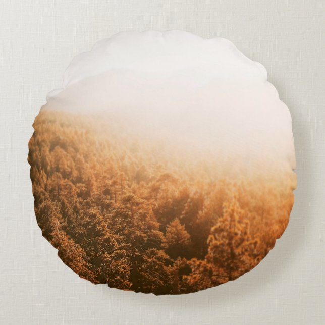 COJÍN REDONDO SOL DE ORO SOBRE UN BOSQUE (Anverso)