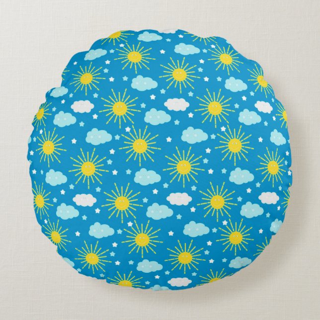 Cojín Redondo Sol Feliz, Nubes y Estrellas (Anverso)