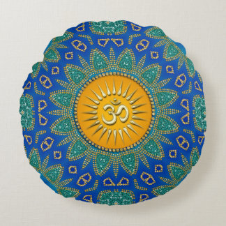 Cojín Redondo Sol Royal Azul Teal OM Meditación Oriental