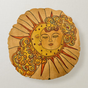 Cojín Redondo Sol y luna celestes dibujados a mano